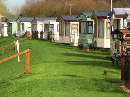 Holiday homes in a row along the grassy riverbank